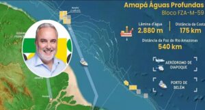 Jean Paul Prates e ilustração da prospecção de petróleo na Margem Equatorial (Foto: Reprodução/Twitter). Montagem: Brasil 247