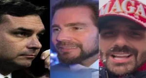 Flávio Bolsonaro (Foto: Beto Barata/Agência Senado), Daniel Vorcaro (Foto: reprodução TV Globo) e Eduardo Bolsonaro (Foto: reprodução de redes sociais)